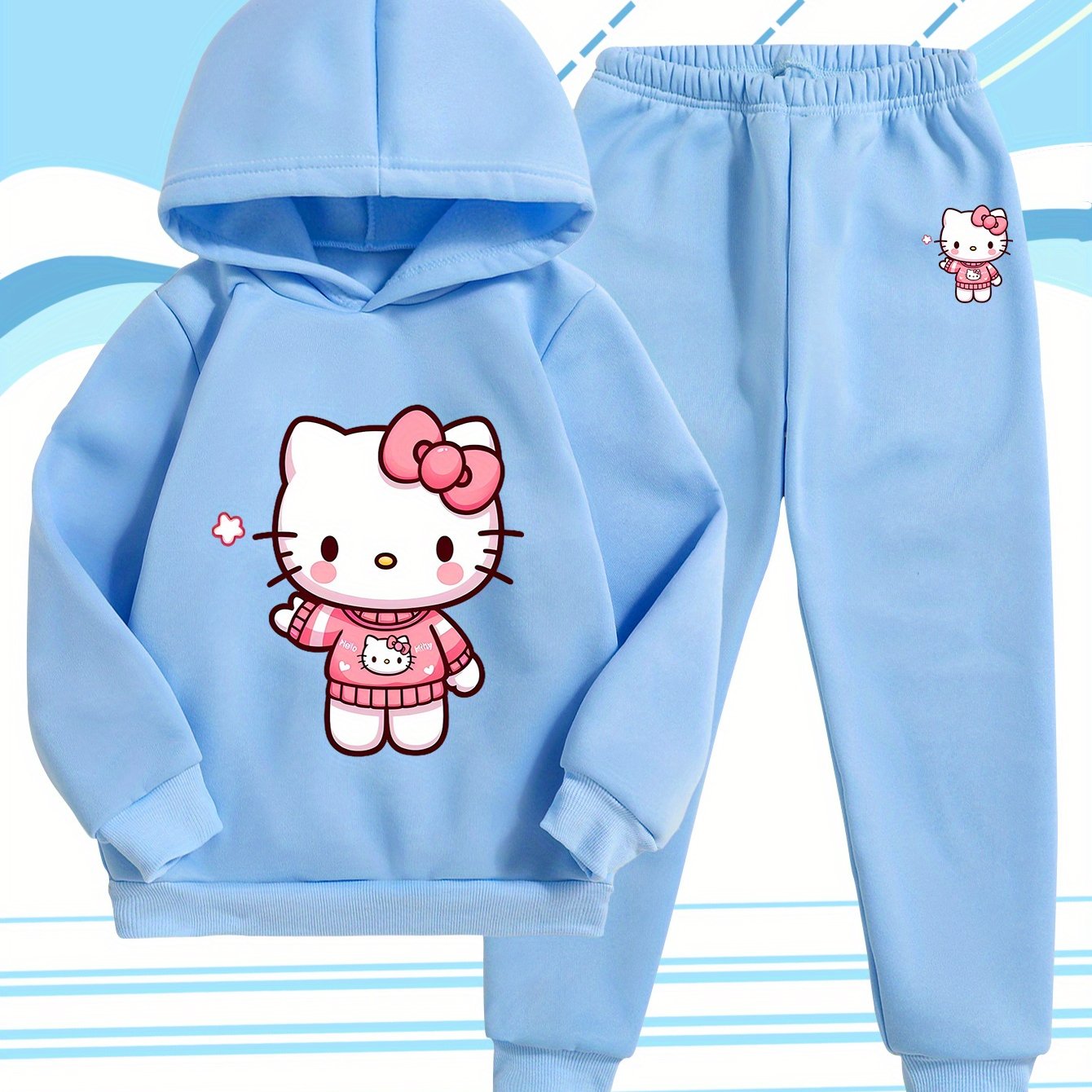 Girls' Fashion Hoodie and Pants Set - Sanrio Cartoon Print, Soft Polyester Sweatshirt with Hat for Kids, Warm & Comfortable Fall/Winter Outfit, Stylish Casual Sportswear for School or Outdoor Activities, Perfect for Outdoor