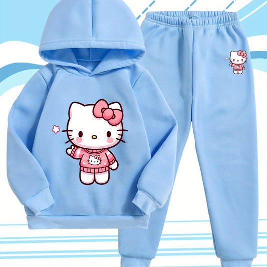 Girls' Fashion Hoodie and Pants Set - Sanrio Cartoon Print, Soft Polyester Sweatshirt with Hat for Kids, Warm & Comfortable Fall/Winter Outfit, Stylish Casual Sportswear for School or Outdoor Activities, Perfect for Outdoor