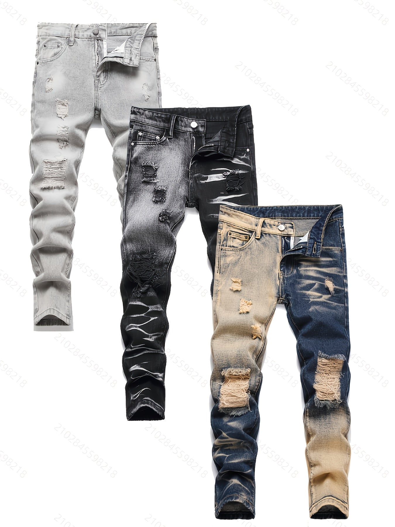 [3pcs Of Faux Denim] Boys' Retro Distressed Slim Fit Washed Faux Denim Faux Denim, Boys' Casual Multi Piece Faux Denim, All Season Collection