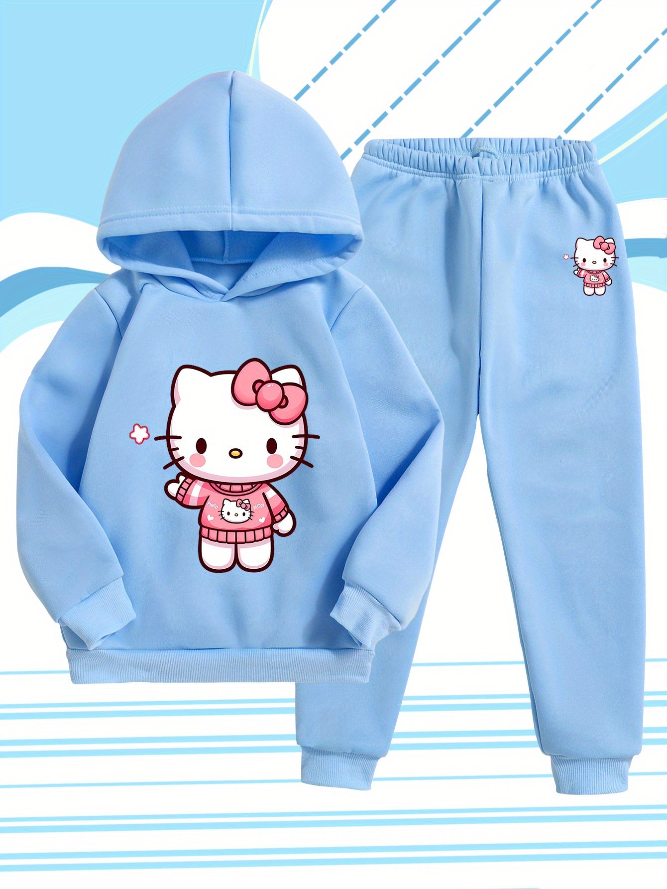 Girls' Fashion Hoodie and Pants Set - Sanrio Cartoon Print, Soft Polyester Sweatshirt with Hat for Kids, Warm & Comfortable Fall/Winter Outfit, Stylish Casual Sportswear for School or Outdoor Activities, Perfect for Outdoor