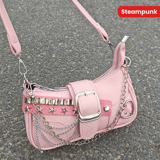 Y2K Style Small Shoulder Bag with Magnetic Closure, PU Material, Polyester Lining, Chain Strap, Punk-Inspired Design, Pastel Pink Color