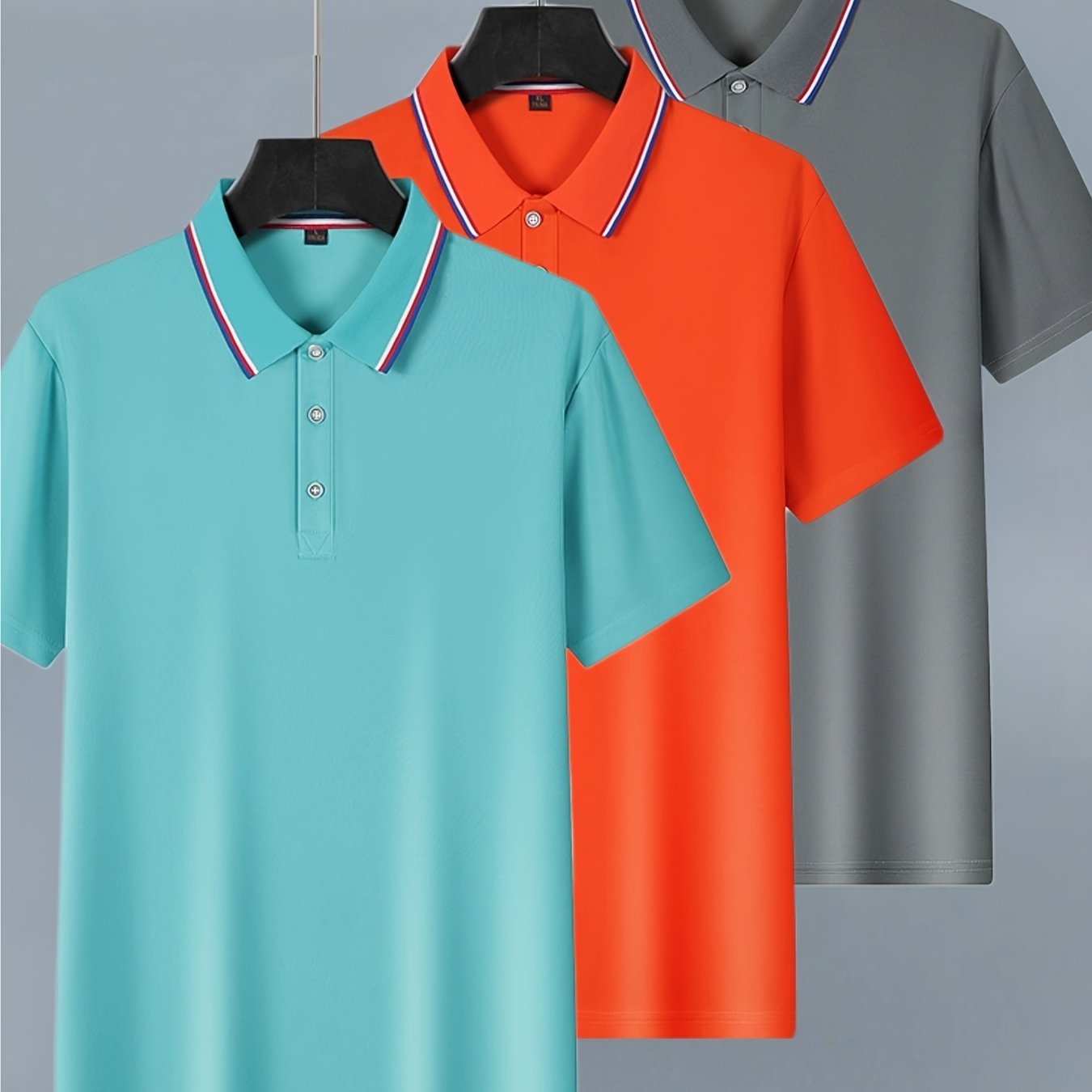[Fashion Polo Shirts] 3pcs Teen Fashion Polo Shirts | Short Sleeve, Solid Color, Regular Fit, Half Placket, Rib-Knit Details, Medium Stretch, Summer Casual Wear, Conventional Lapel Collar, Regular Sleeve Length, for Weekend C