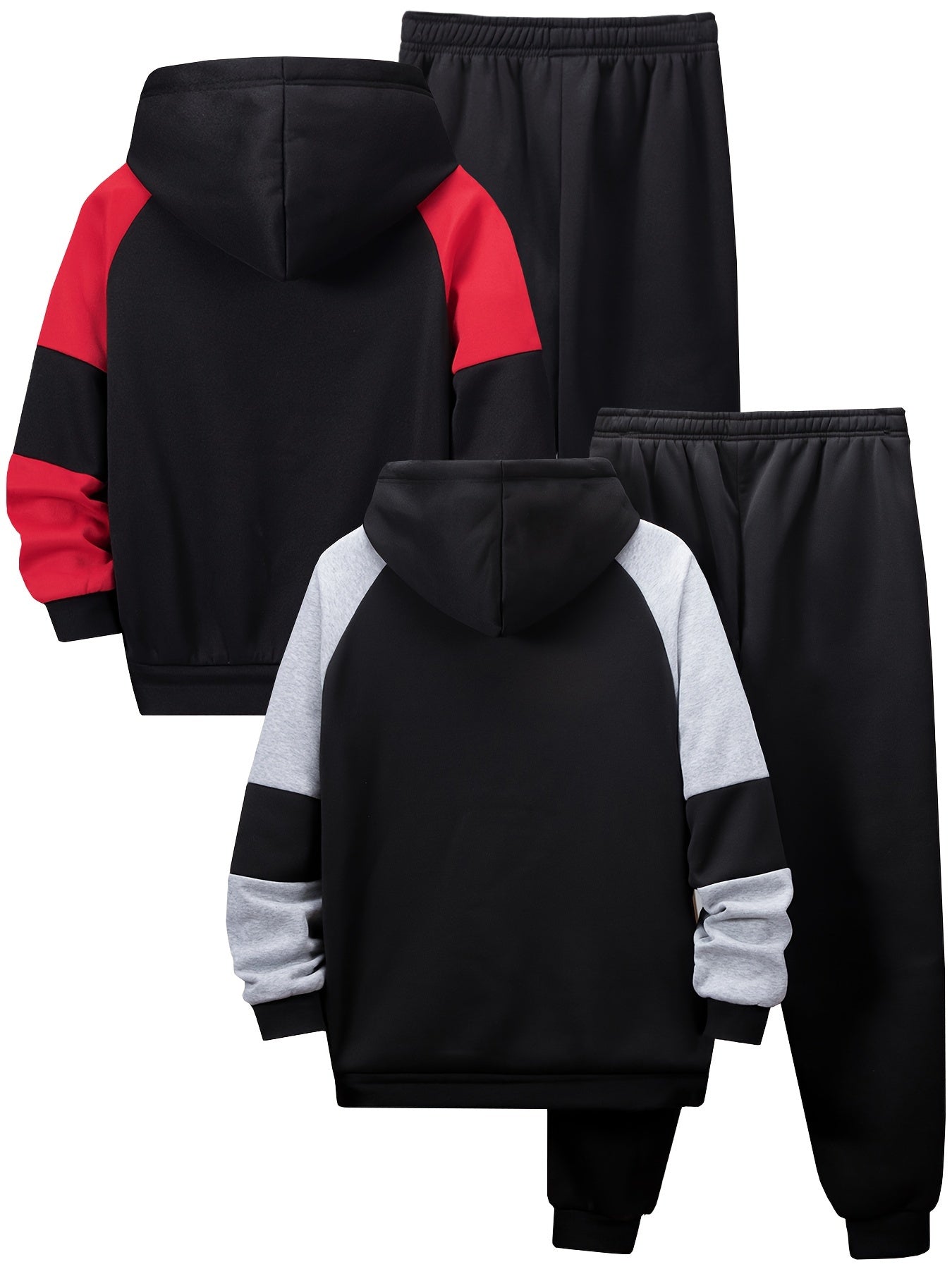 [2 Sets Contrast Hoodie] 2 Sets Classic Contrast Color Splicing Hoodie and Pants | Fashionable Casual Sports Suit for Boys and Girls | Comfortable Children's Daily Wear with Velvet in Autumn and Winter