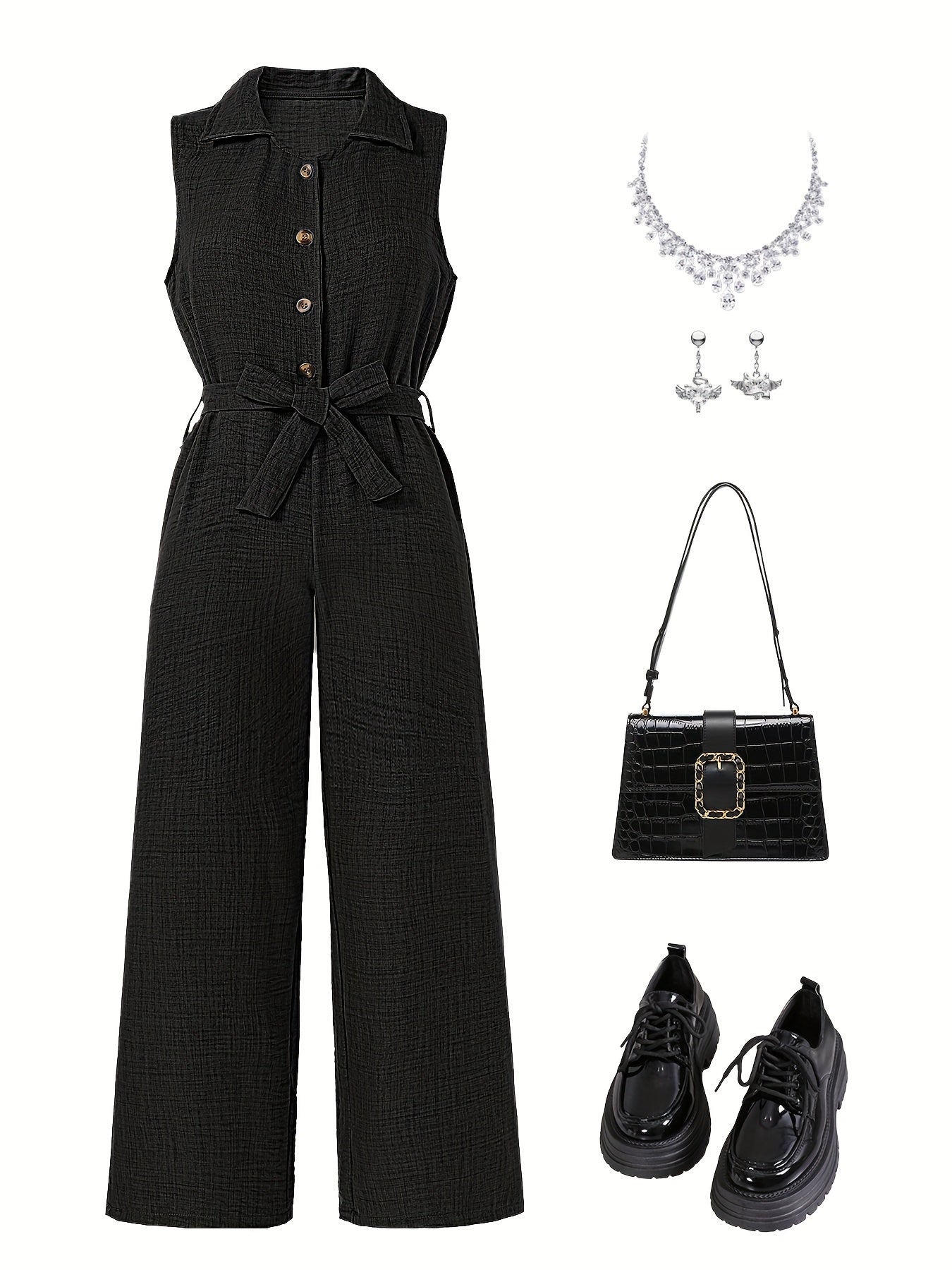 Girls' Black Sleeveless Jumpsuit with Belt - Wide-Leg Stretchy Casual Romper for Spring Summer Fall, Button-Up Collar & Golden-Tone Hardware, Perfect for Weekend Outings, Teenage Fashion, Elegant Accessory Display, for Outdoo