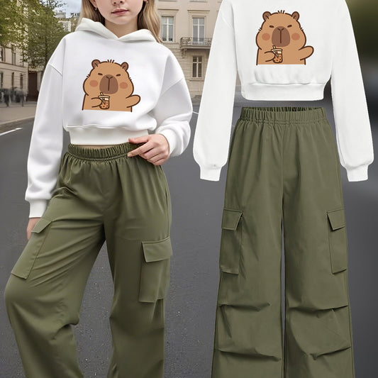 2pcs Autumn/Winter Hoodie and Jogger Set, Cute Capybara Drinking Milk Tea Design, Long-Sleeve Hooded Sweatshirt + Stylish Casual Cargo Pants, Perfect for Halloween, Christmas, Thanksgiving, Perfect for Outdoor, For Teenager,