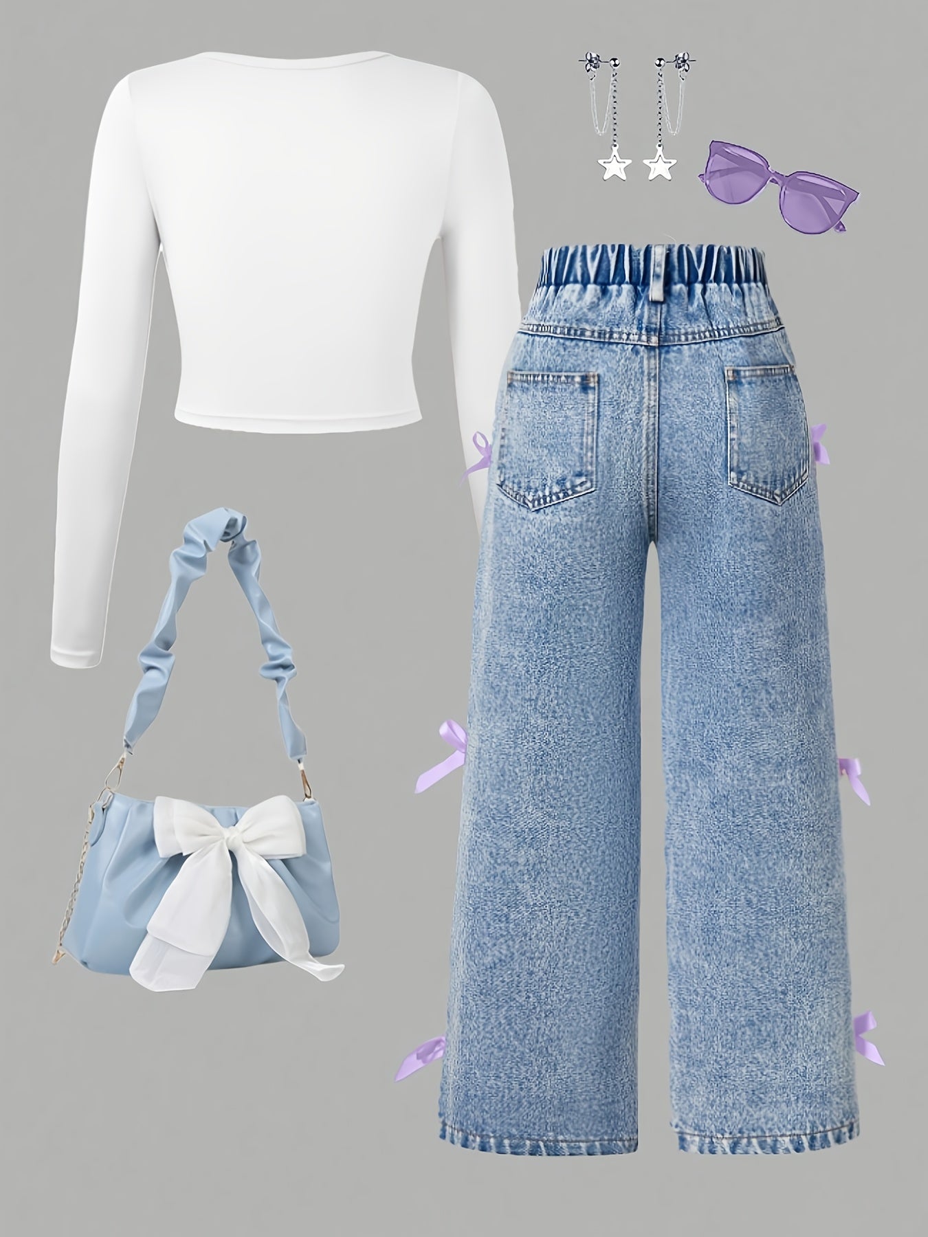 [Girls' Bow Print Top & Pants] Fashion Casual Bow Print Long Sleeve Top with Faux Denim Bow Pants for Girls | Spring/Autumn Outdoor Leisure Parties