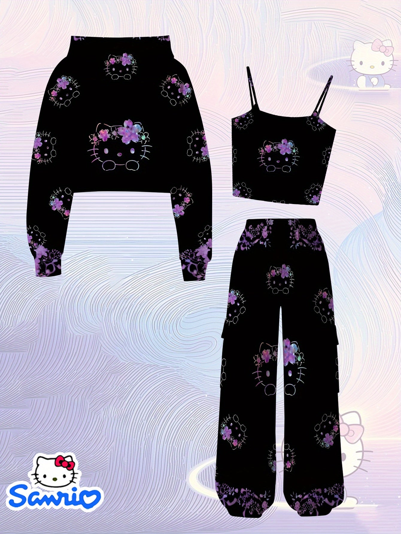 3pcs Girls' Gothic Hello! Magazine-Inspired Outfit Set - Purple & Black All-Over Print Hooded Sweatshirt & Overalls with Heart & Bow Details, Cozy Winter Clothes for Christmas, Birthday Party, Casual Attire - Casual to Formal