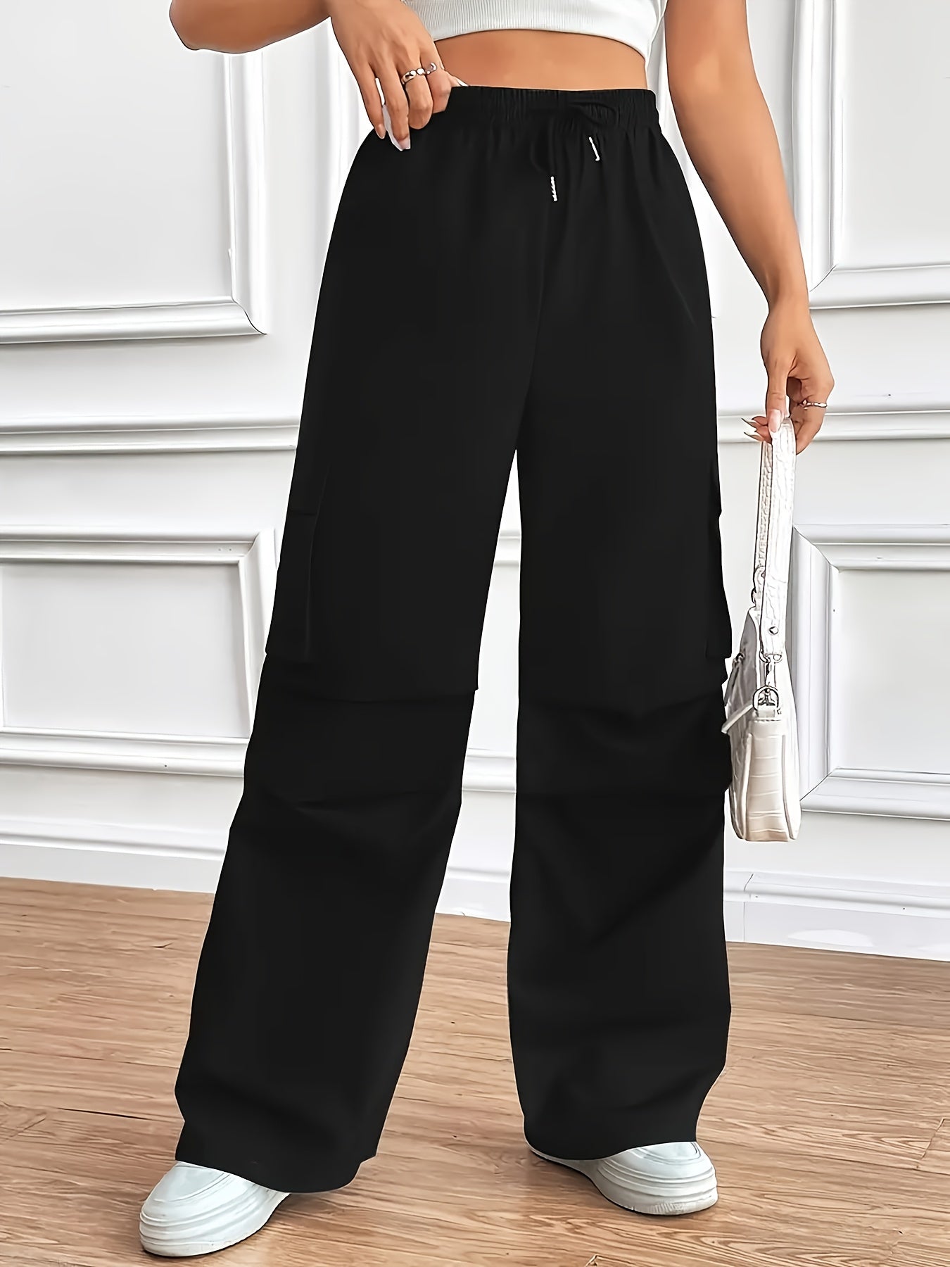 [Y2K Style Cargo Pants] Y2K Style High-Waist Girls' Straight-Leg Cargo Pants | Loose Fit, Large Pockets, Non-Stretch Polyester, Machine Washable - Fashionable and Versatile, Perfect for All-Season Casual Wear with Elastic Wai