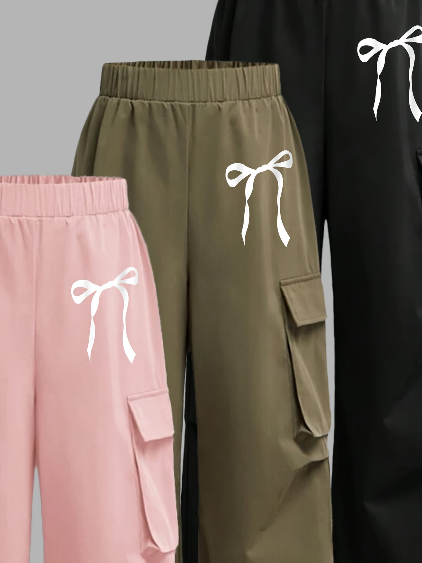 [3pcs Girls' Cargo Pants] 3pcs Girls' Cargo Pants Set | Fashion Double Pocket Design with Bow Print, Loose Fit Wide Leg Trousers for Spring/Fall, Outdoor Play and Casual Wear, Nonstretch Fabric