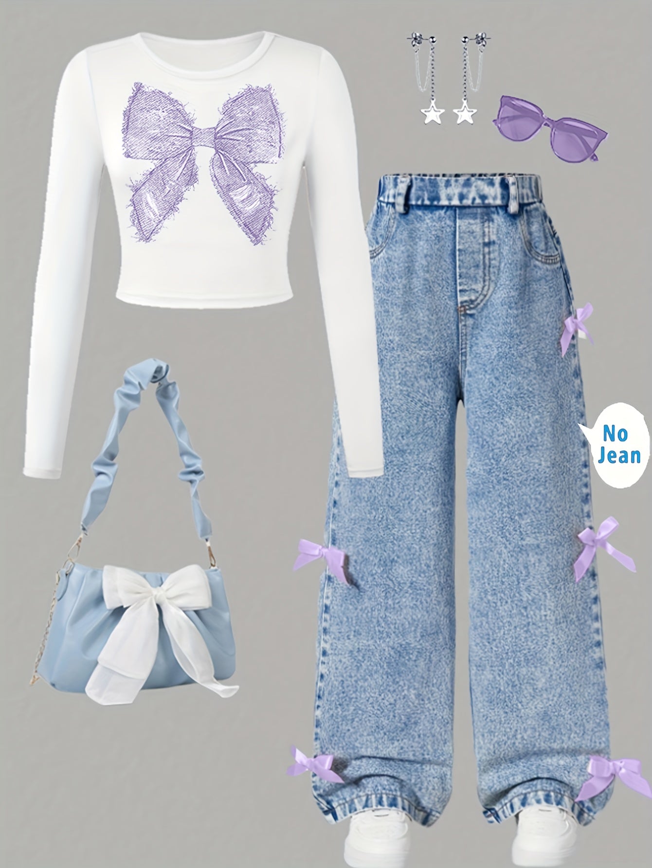 [Girls' Bow Print Top & Pants] Fashion Casual Bow Print Long Sleeve Top with Faux Denim Bow Pants for Girls | Spring/Autumn Outdoor Leisure Parties