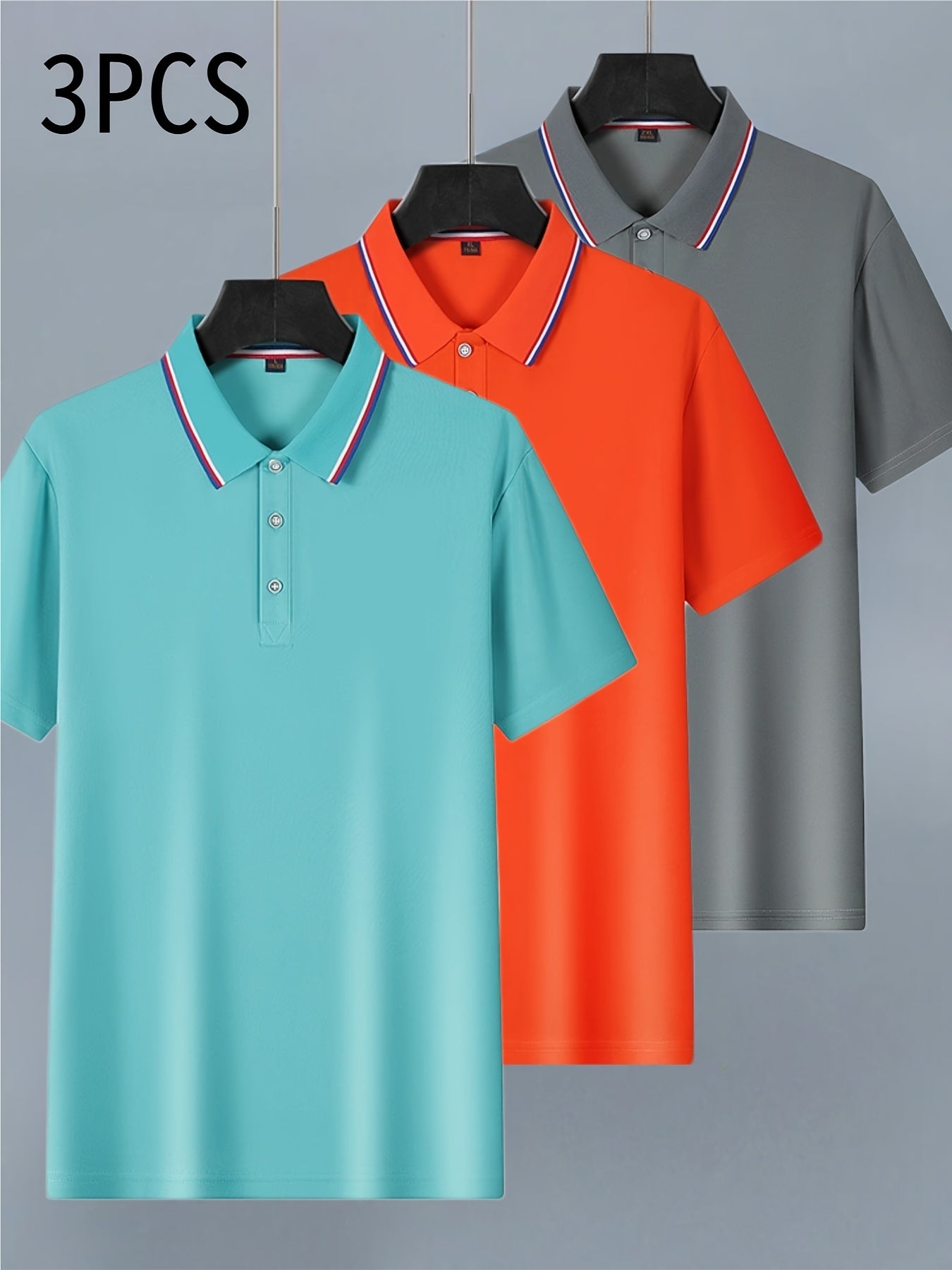 [Fashion Polo Shirts] 3pcs Teen Fashion Polo Shirts | Short Sleeve, Solid Color, Regular Fit, Half Placket, Rib-Knit Details, Medium Stretch, Summer Casual Wear, Conventional Lapel Collar, Regular Sleeve Length, for Weekend C