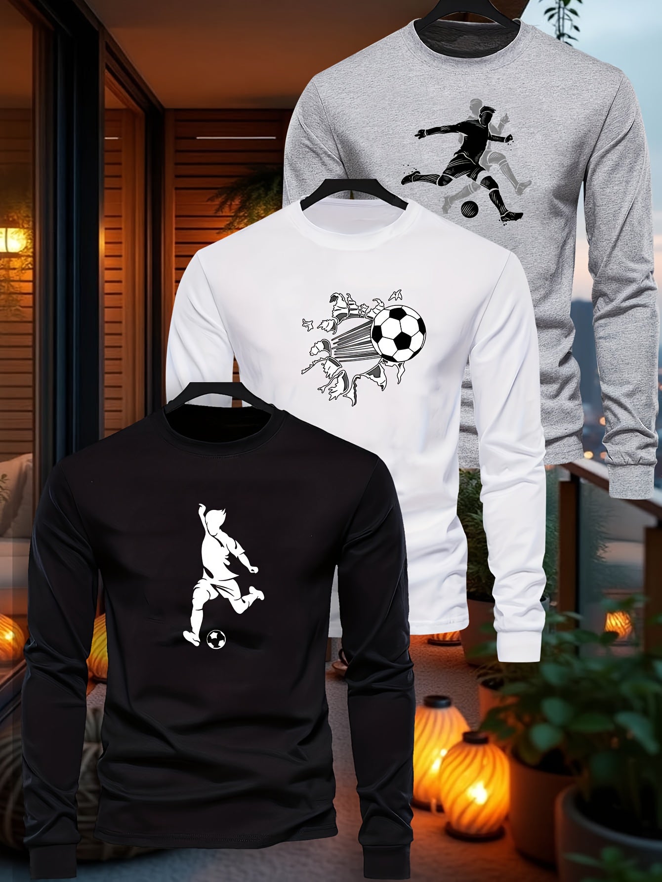 3pcs Boys' Soccer Graphic Long Sleeve T-Shirts - High-Stretch Casual Crew Neck Tops with Football Player & Ball Design, Black & Gray, Perfect for Fall, Everyday Youngsters'S Clothing, Soccer Shirts, Playful Youngsters'S Desig