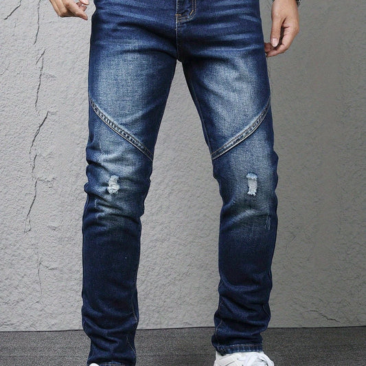 's & Teen Boys' Dark Blue Distressed Ripped Slim Straight Leg Jeans - Heavyweight 100% Denim, Mid-Rise Inverted Zipper Closure, Machine Washable Casual Pants for Casual Attire & Layering (All-Season) - Youthful Vintage Style