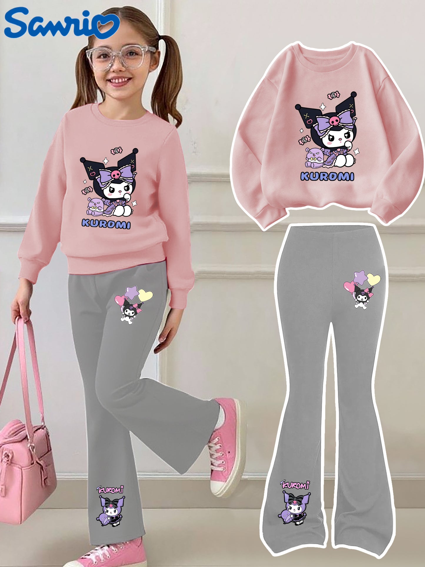 [Casual Sweatshirt] 2pcs Casual Kuromi Pattern Print Round Neck Long Sleeve Sweatshirt + Flared Pants Set | Girls' Fashion, Suitable for Outdoor Play and Leisure Wear, Perfect for Birthday Gifts