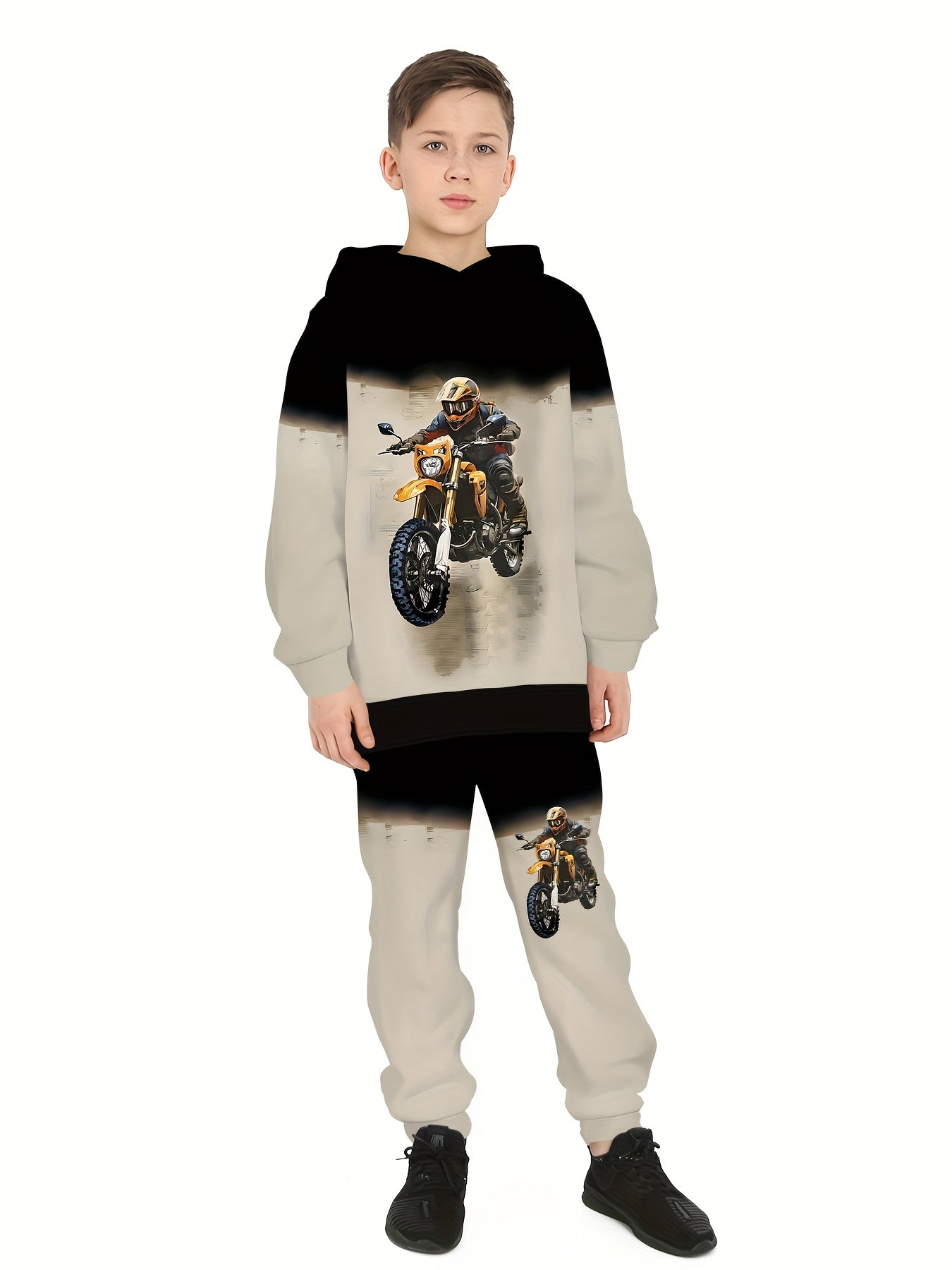 Boys' handsome motorcycle 3D printed long sleeved pants hooded sweatshirt set, boys' spring and autumn sportswear, casual versatile pullover suitable for boys' outdoor sports, suitable as a gift, Perfect for Outdoor