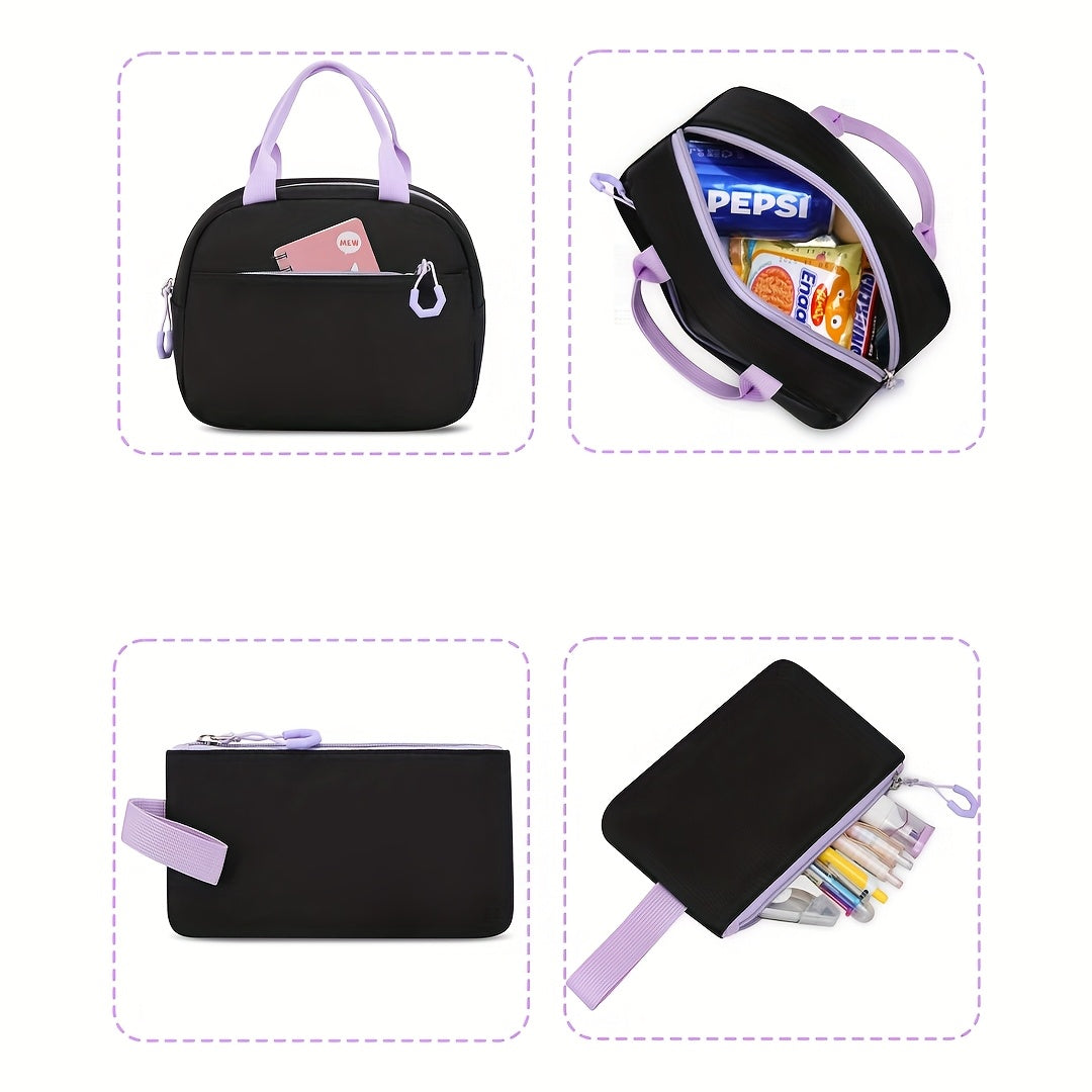 [Heart-Shaped Backpack Set] 3pcs Heart-Shaped Casual Backpack Handbag Set | Fashionable Black with Purple, 15.6-Inch Laptop Backpack, Large Capacity Multiple Compartments, Beach Outdoor Camping Travel Bag with Trolley Sleeve,