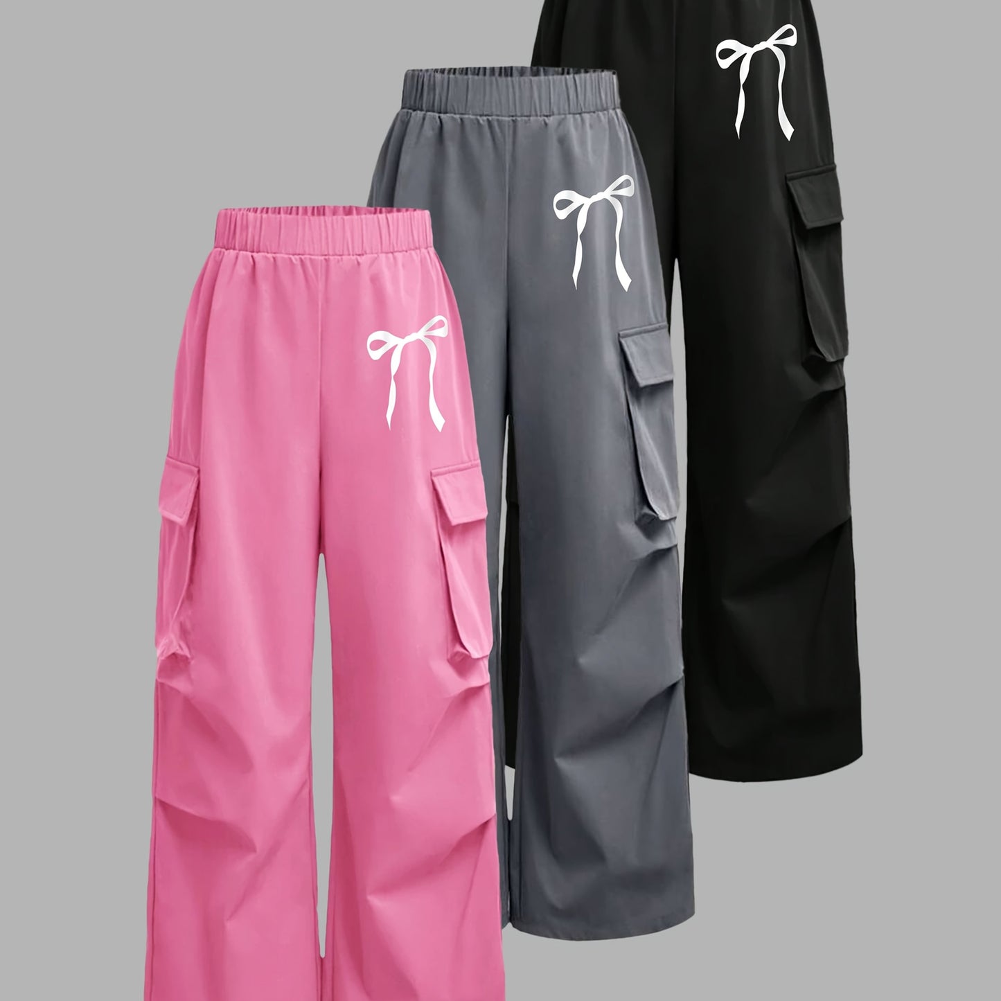 [3pcs Girls' Cargo Pants] 3pcs Girls' Cargo Pants Set | Fashion Double Pocket Design with Bow Print, Loose Fit Wide Leg Trousers for Spring/Fall, Outdoor Play and Casual Wear, Nonstretch Fabric