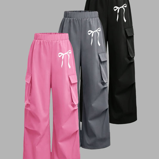 [3pcs Girls' Cargo Pants] 3pcs Girls' Cargo Pants Set | Fashion Double Pocket Design with Bow Print, Loose Fit Wide Leg Trousers for Spring/Fall, Outdoor Play and Casual Wear, Nonstretch Fabric