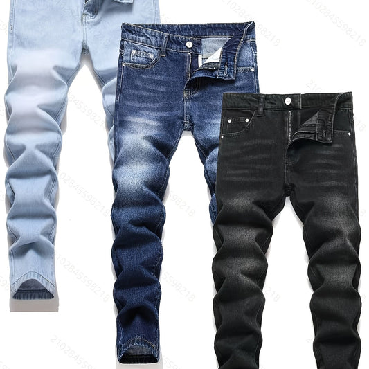 3pcs Of Jeans: Boys' Retro Slim Fit Washed Jeans, Boys' Casual Multi Piece Jeans, Four Season Series