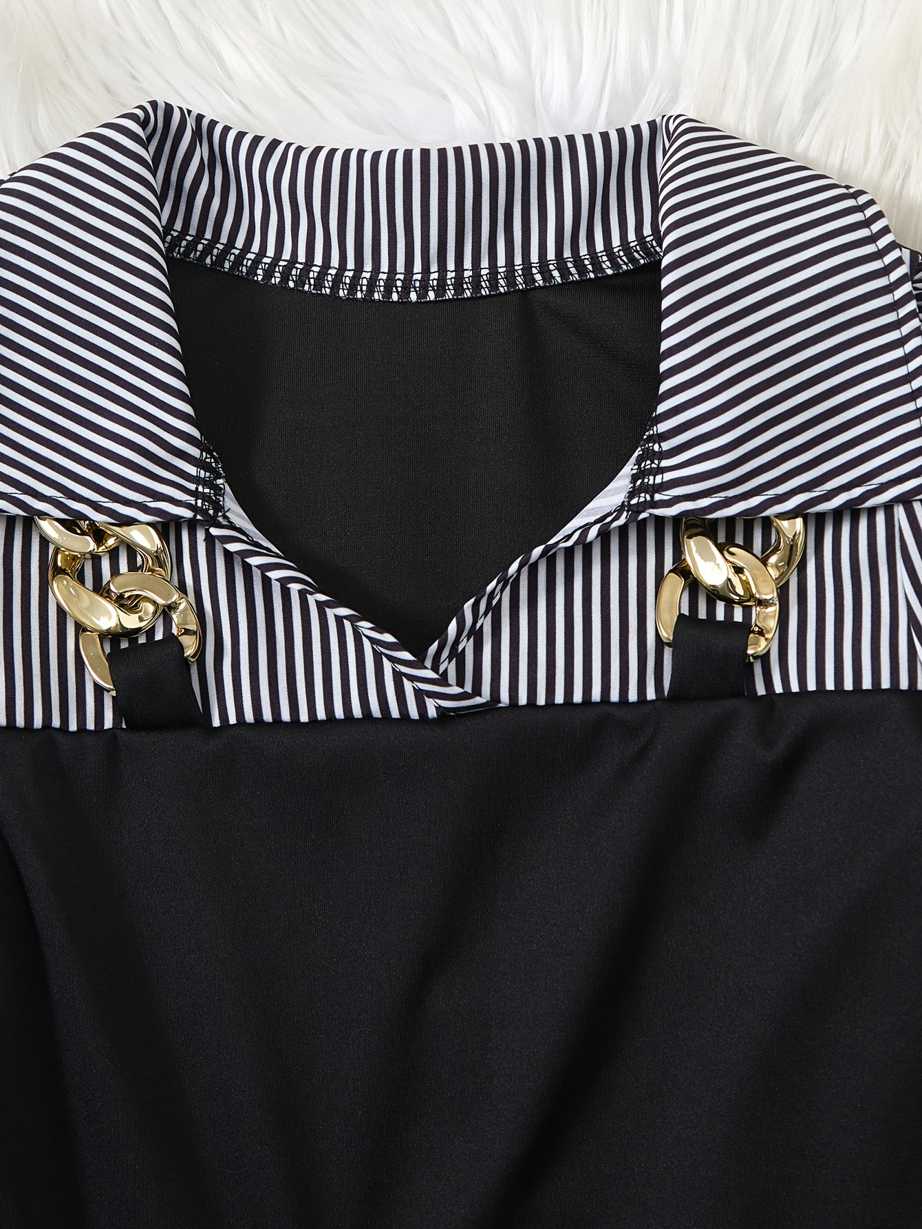 ' Autumn and Winter Fashion Casual Elegant Two-Tone Shirt with Golden Chain Detail, Ruffle Hem Top Paired with Flared Pants, Machine Washable Formal and Casual Wear Suitable for School, Parties, Family Events, Travel Vacation