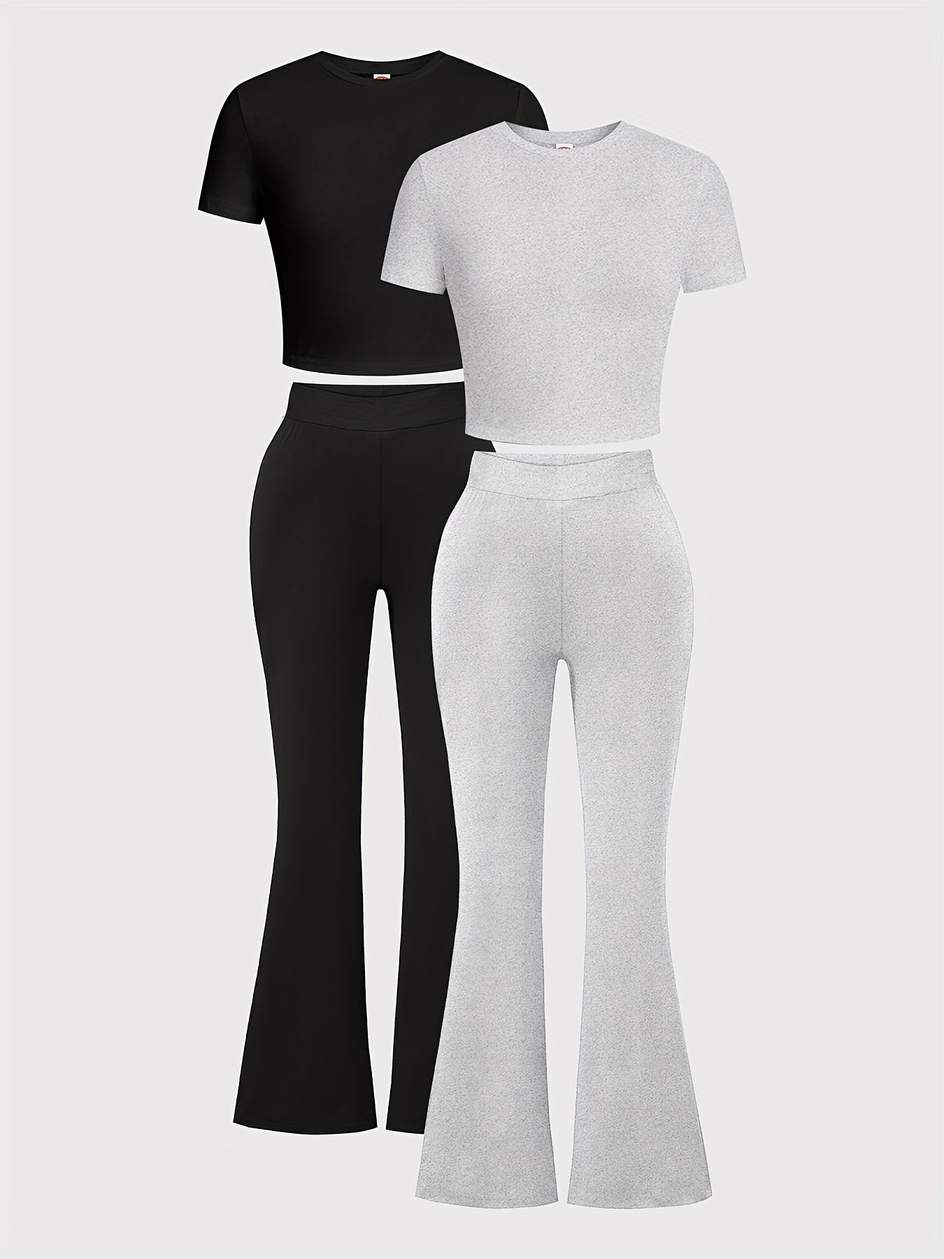 Tween Girls' Four-Piece Pants Set, Classic Black and Grey Short Sleeve T-Shirt, Stretch Flare Leggings, Slim Fit, Perfect for Outdoor Wear, Creative Gift Idea, Ideal Present for Kids, Spring/Summer, Perfect for Outdoor