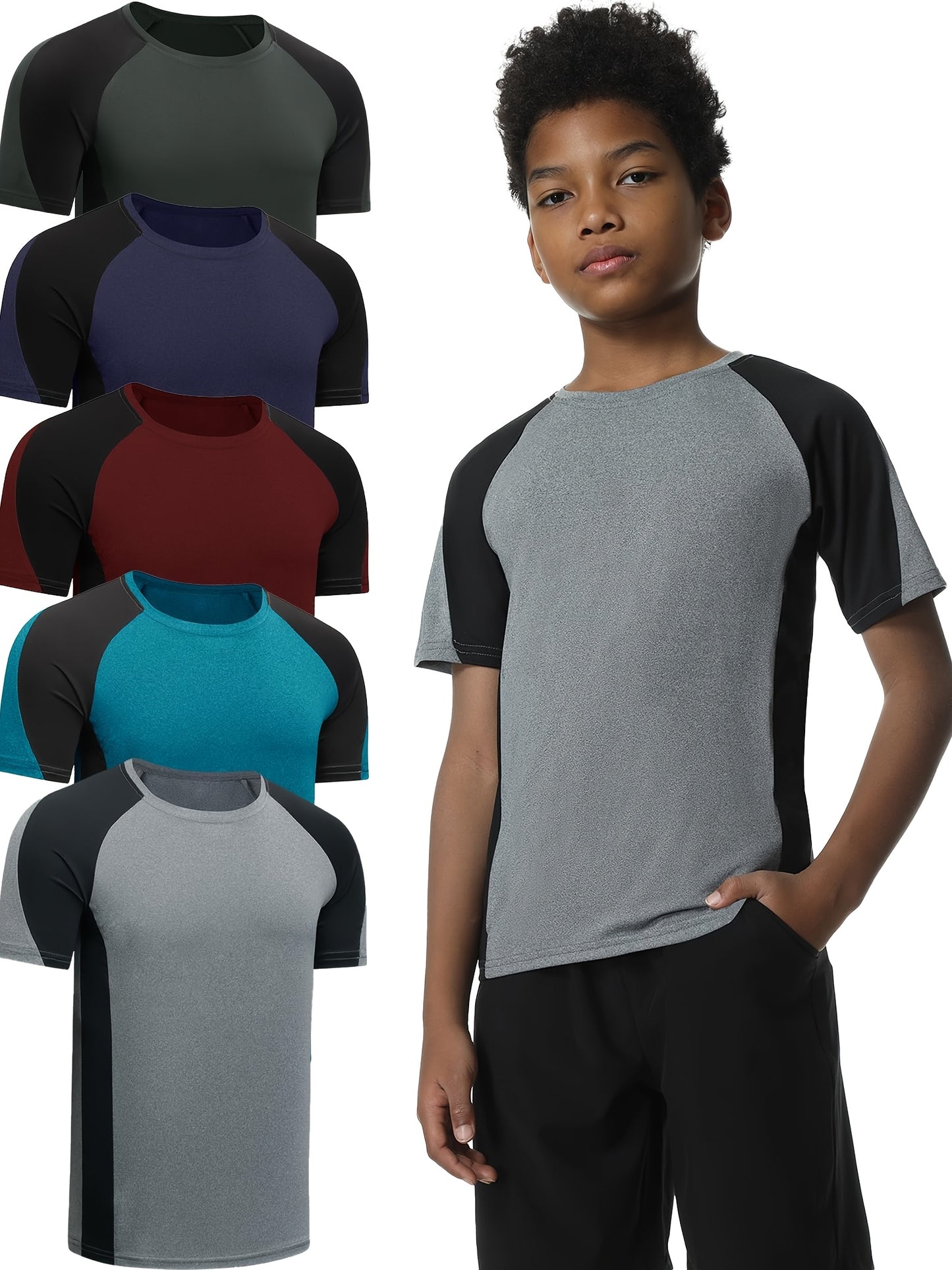 EXARUS 5pcs Boys' Sports Short Sleeve T-Shirts with Fashion Contrast Elements, Youth Training, Running, Fitness Training Suit for 6-16 Years Old