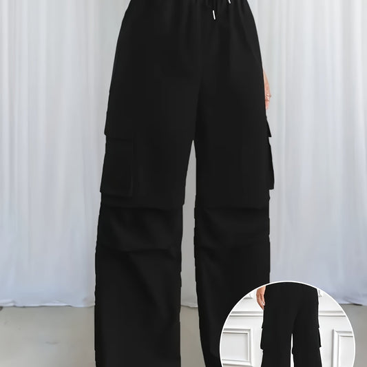 [Y2K Style Cargo Pants] Y2K Style High-Waist Girls' Straight-Leg Cargo Pants | Loose Fit, Large Pockets, Non-Stretch Polyester, Machine Washable - Fashionable and Versatile, Perfect for All-Season Casual Wear with Elastic Wai