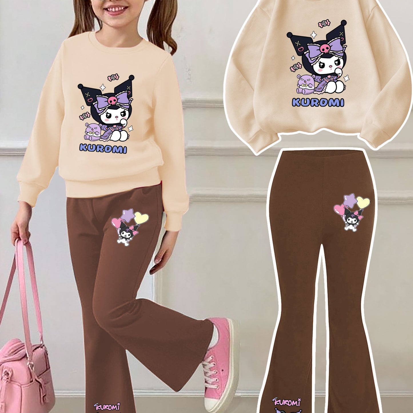 [Casual Sweatshirt] 2pcs Casual Kuromi Pattern Print Round Neck Long Sleeve Sweatshirt + Flared Pants Set | Girls' Fashion, Suitable for Outdoor Play and Leisure Wear, Perfect for Birthday Gifts