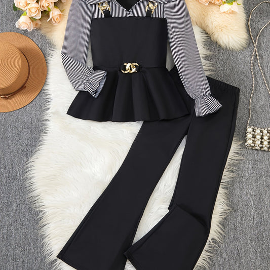 ' Autumn and Winter Fashion Casual Elegant Two-Tone Shirt with Golden Chain Detail, Ruffle Hem Top Paired with Flared Pants, Machine Washable Formal and Casual Wear Suitable for School, Parties, Family Events, Travel Vacation
