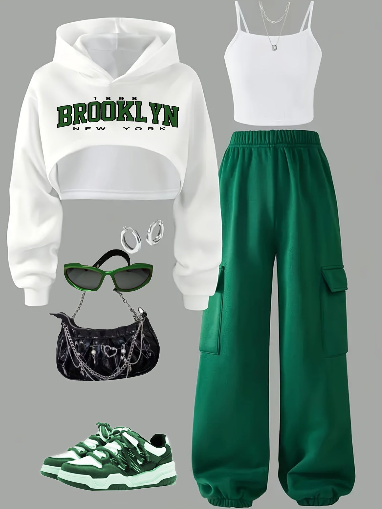 Autumn-Winter New Fashion Sweet Cool Street Letter Print Long Sleeve Hooded Crop Sweatshirt + Tank Top + Refined Pocket Pants Set; Perfect for Fall Outings, Travel, Parties & Casual Wear - Medium/Large Girls' Three-Piece Outf