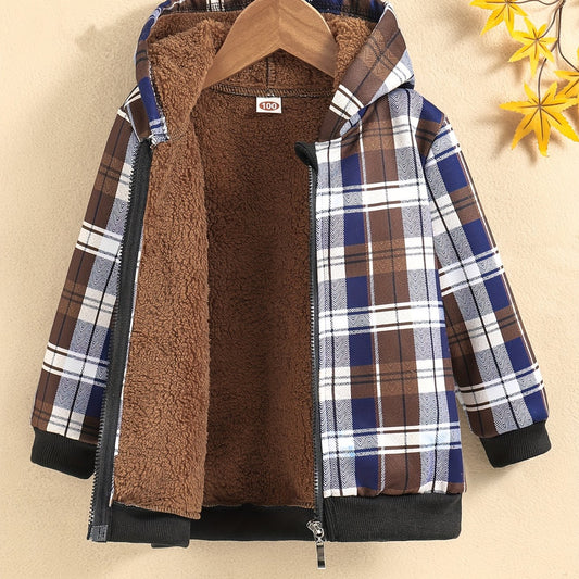 Boys' Casual Long Sleeve Zip-Up Hooded Jacket with Plaid Print - Warm Fleece-Lined Coat, Regular Fit, Brown & Checkered Design, Perfect for Fall/Winter Outdoor