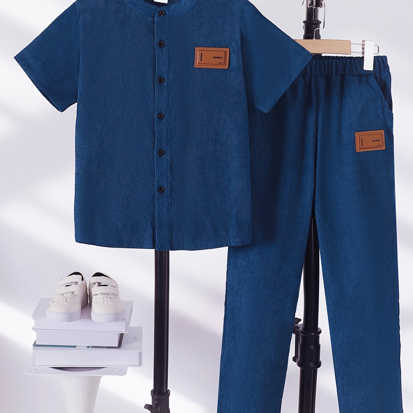 [Corduroy Boys' Set] 2pcs Boys' Corduroy Shirt and Pants Set | Navy Stand Collar with Label Patch, Elastic Waist Trousers with Pockets, Loose Fit for Outdoor Activities, Parties, Casual Outings, Spring Summer