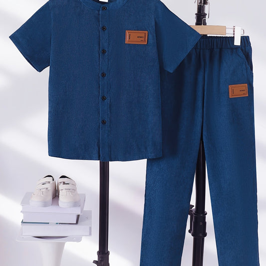 [Corduroy Boys' Set] 2pcs Boys' Corduroy Shirt and Pants Set | Navy Stand Collar with Label Patch, Elastic Waist Trousers with Pockets, Loose Fit for Outdoor Activities, Parties, Casual Outings, Spring Summer
