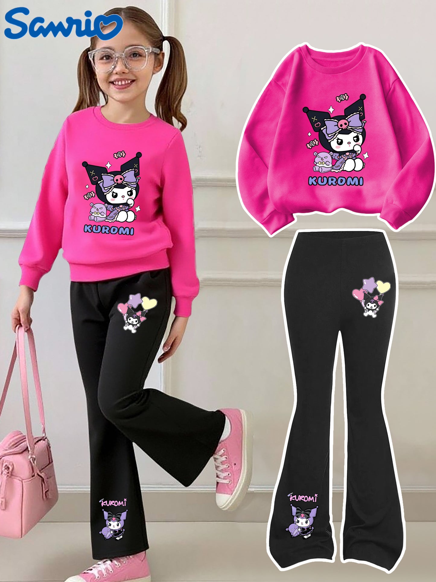 [Casual Sweatshirt] 2pcs Casual Kuromi Pattern Print Round Neck Long Sleeve Sweatshirt + Flared Pants Set | Girls' Fashion, Suitable for Outdoor Play and Leisure Wear, Perfect for Birthday Gifts