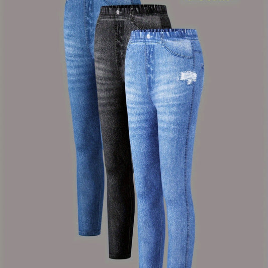 3pcs Girls' Spring Autumn Summer Winter Imitation Denim Pants with Fake Pockets and Ripped Stripe Pattern Leggings