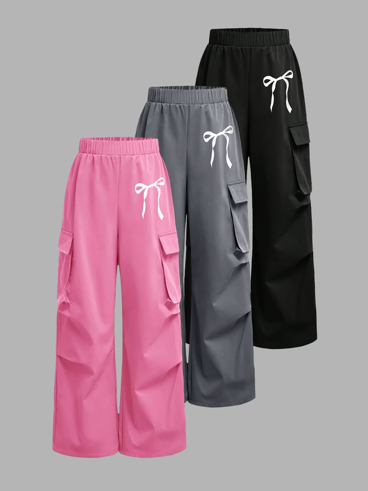 [3pcs Girls' Cargo Pants] 3pcs Girls' Cargo Pants Set | Fashion Double Pocket Design with Bow Print, Loose Fit Wide Leg Trousers for Spring/Fall, Outdoor Play and Casual Wear, Nonstretch Fabric