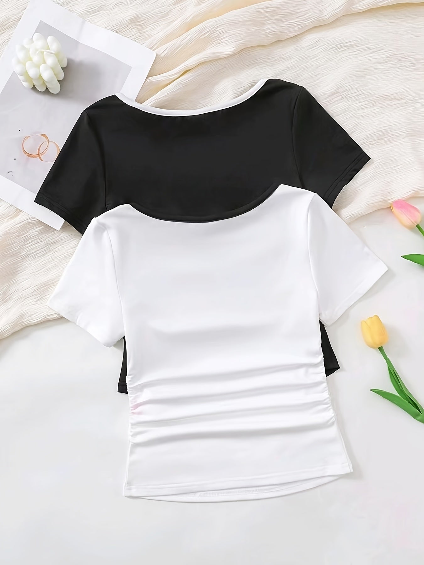 Adorable Girls' Casual Solid Color Bow Front Short Sleeve T-Shirts 2pcs, Fashionable and Elegant Back-to-School Season Clothes