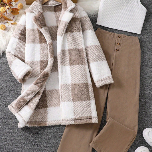 Youth Plaid Fleece Coat + Solid Color Spaghetti Strap + Solid Color Corduroy Pants Three-Piece Set Fashionable Casual Versatile Suitable for Autumn and Winter, Perfect for Outdoor