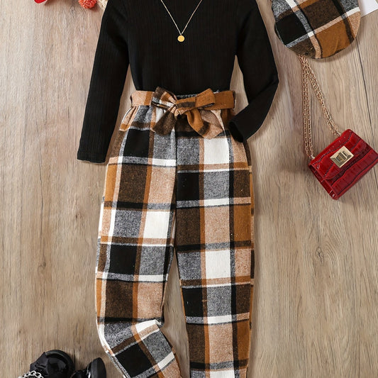 3pcs Girls' Spring/Autumn Casual Fashion Outfit - Solid Color Ribbed Crew Neck Long Sleeve Top, Two-Tone Plaid Pattern Elastic Waist Slimming Pants, Matching Hat, Comfortable Soft Versatile Streetwear for Youngsters and Teens
