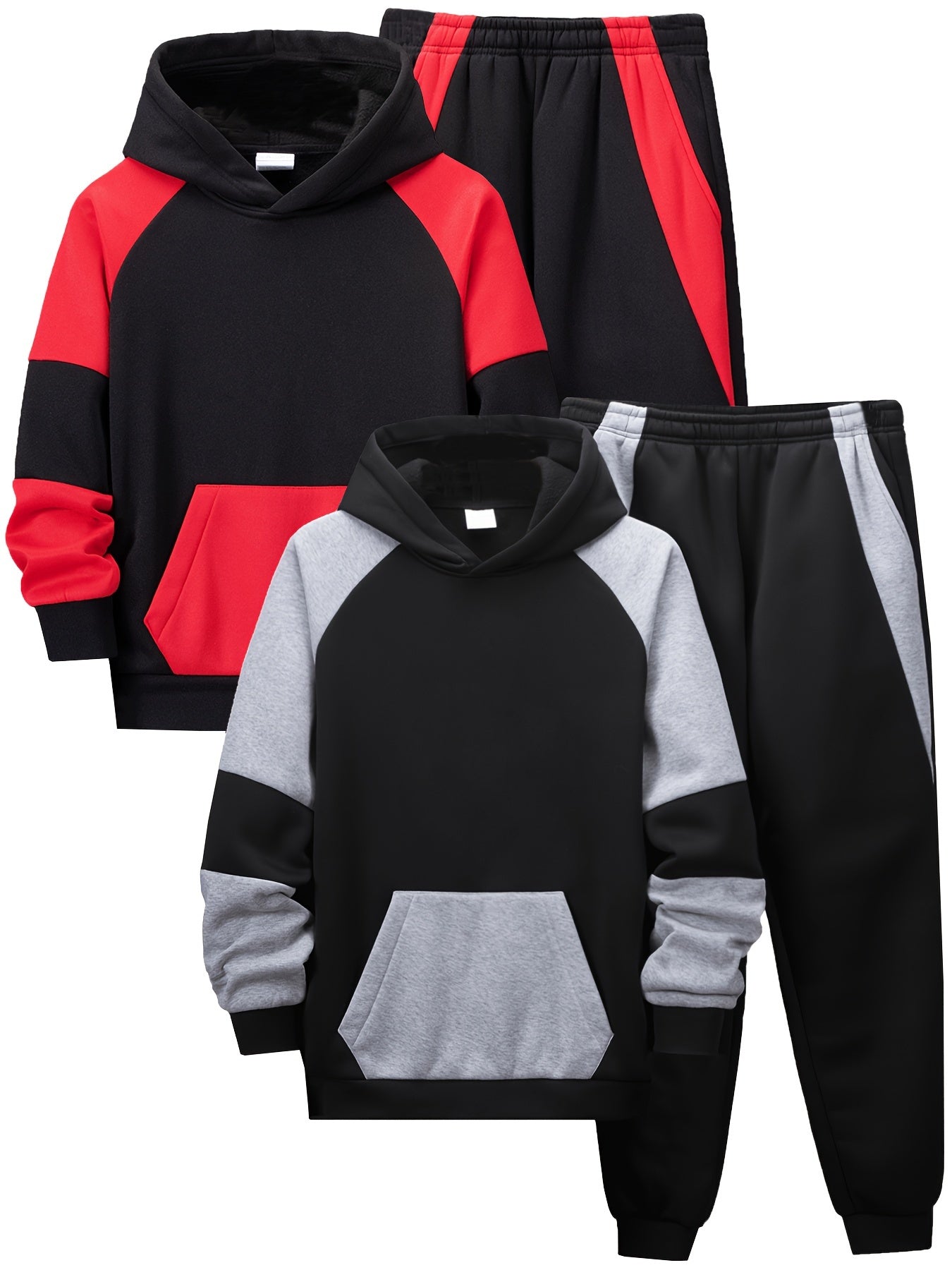 [2 Sets Contrast Hoodie] 2 Sets Classic Contrast Color Splicing Hoodie and Pants | Fashionable Casual Sports Suit for Boys and Girls | Comfortable Children's Daily Wear with Velvet in Autumn and Winter