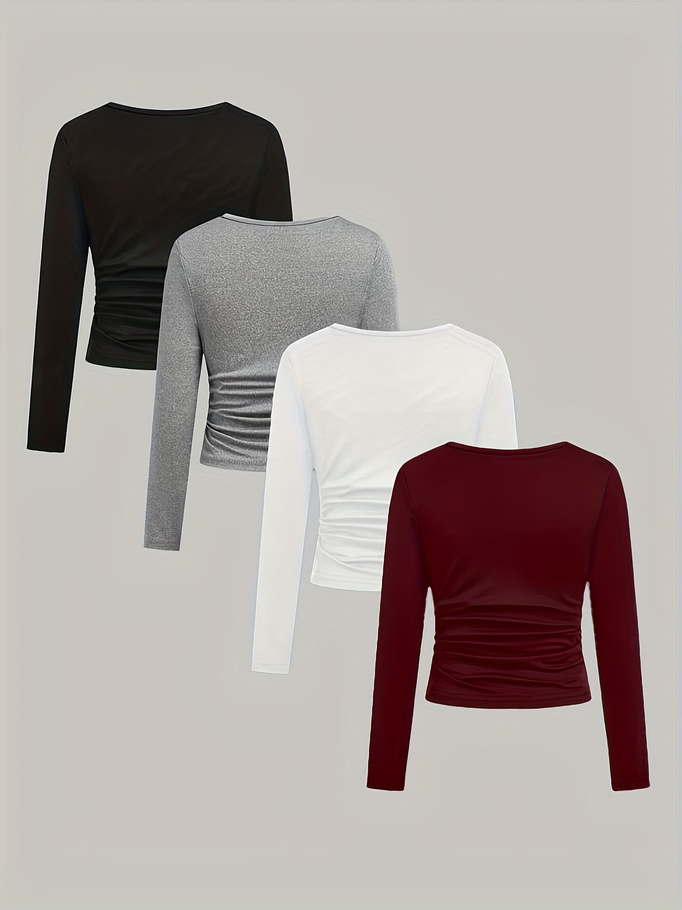 4pcs Girls' Ruffled Long Sleeve T-Shirts - 3pcs Round Neck Slim Fit Knit Tops, Medium Stretch Solid Color Casual Tees for Spring Summer Fall, Versatile Layering & Casual Attire, Shirts for Girls, Seasonal Fashion, Ruffled Sle