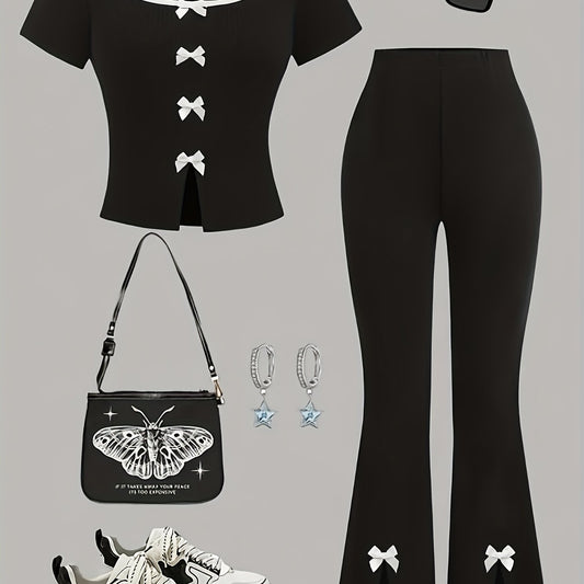 Spring and Autumn Girls' Comfortable Simple Fashion Black Short Sleeve Top with Black Bow Flare Pants Set, Suitable for Outdoor Leisure and Party Activities, Perfect for Outdoor