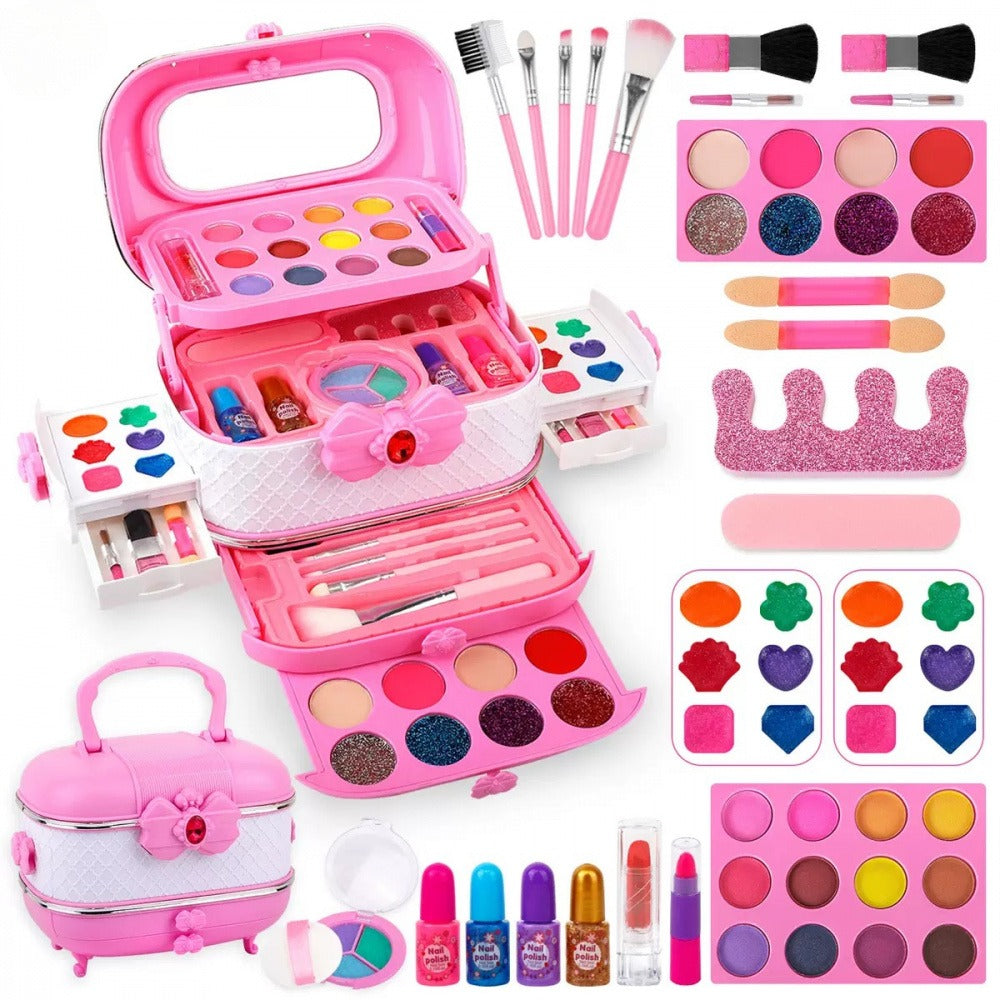 Girls Complete Makeup & Nail Polish Cosmetic Set with Heart-Shaped Mirror, Pink & White Vanity Case, 100+ Makeup Products - Birthday/Christmas Gift with Storage Box, Brushes, Lip Gloss, Blush, Eyeshadow, Nail Polish & Accesso