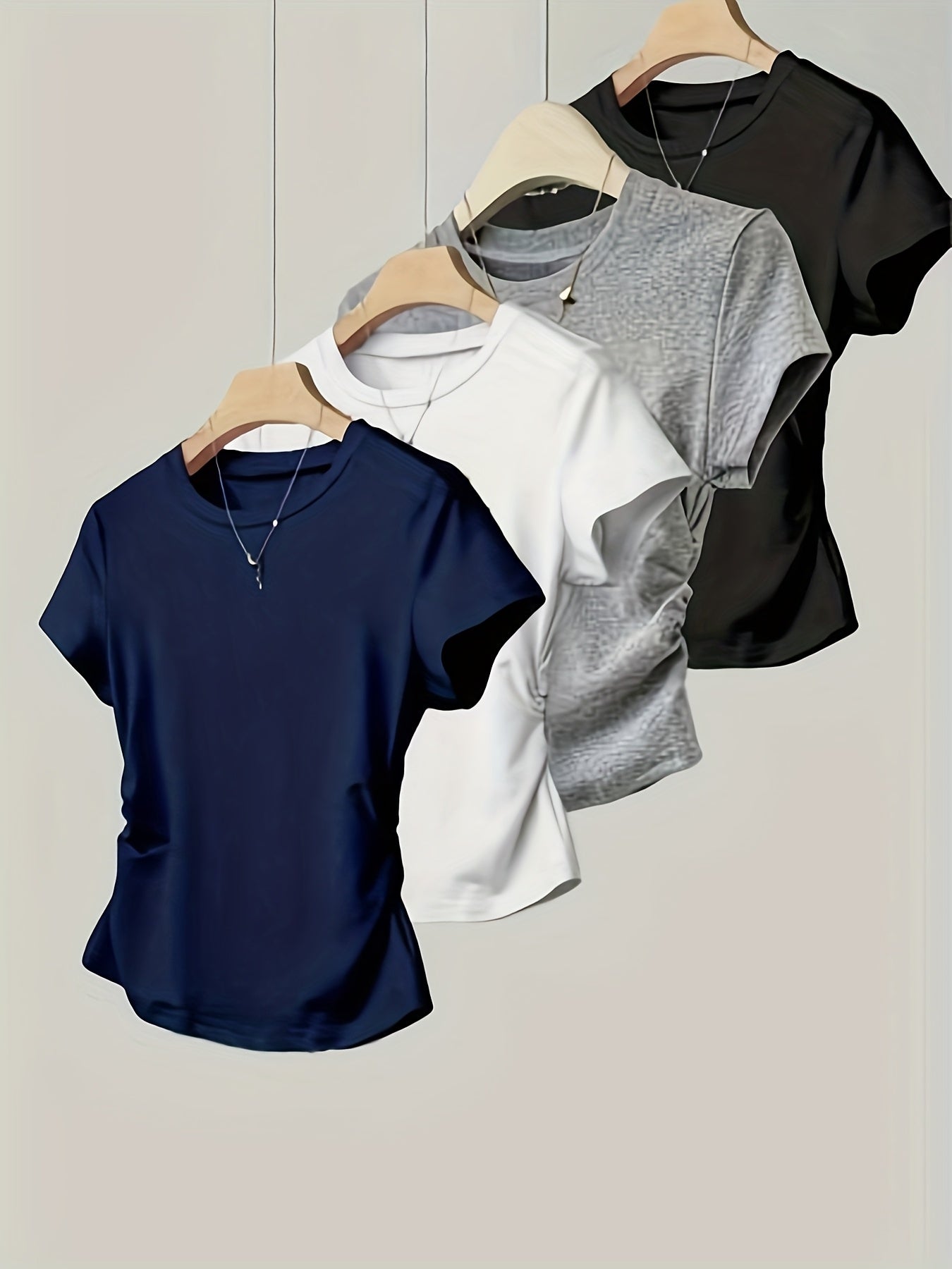 4pcs Round Neck Short Sleeve T-Shirt for Girls, Stylish Pleated Versatile Top