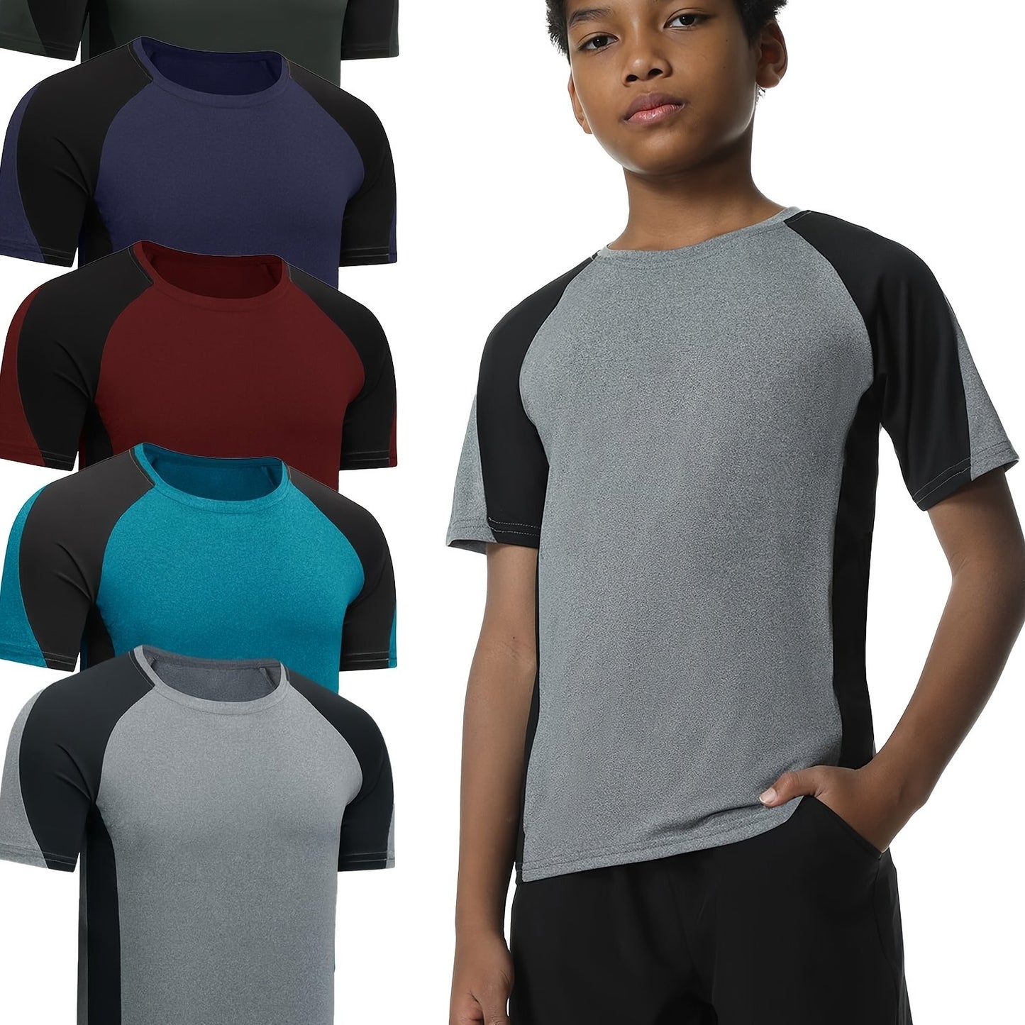 EXARUS 5pcs Boys' Sports Short Sleeve T-Shirts with Fashion Contrast Elements, Youth Training, Running, Fitness Training Suit for 6-16 Years Old