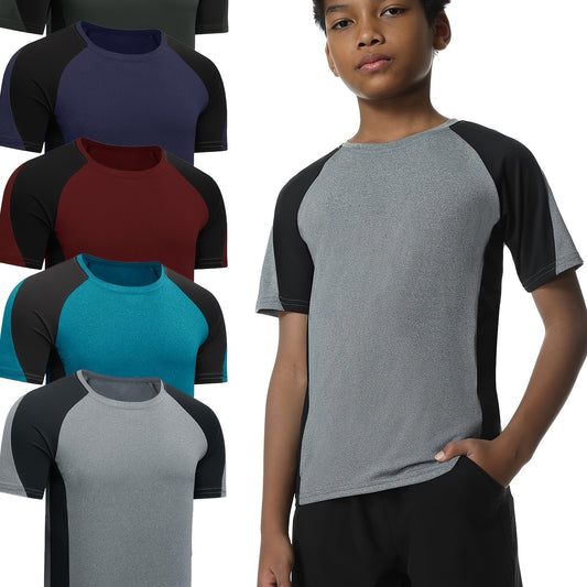 EXARUS 5pcs Boys' Sports Short Sleeve T-Shirts with Fashion Contrast Elements, Youth Training, Running, Fitness Training Suit for 6-16 Years Old
