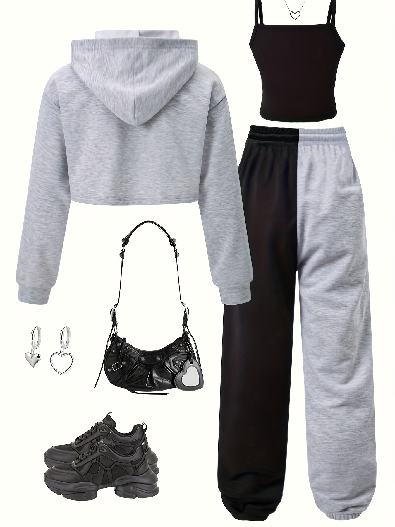 [Girls' Sporty Three-Piece Set] Spring and Autumn Fashionable Girls' Sporty Three-Piece Set with Floral Letter Print Hoodie, Black Heart Vest, and Casual Sports Pants for Outdoor Activities - Accessories in Picture are for Re