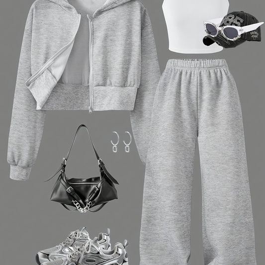 Girls' Spring and Autumn Hooded Cardigan Short Sweatshirt Jacket + White Versatile Camisole + Gray High-Waisted Wide-Leg Pants Casual Sportswear Three-Piece Set, for Outdoor, For Teenager