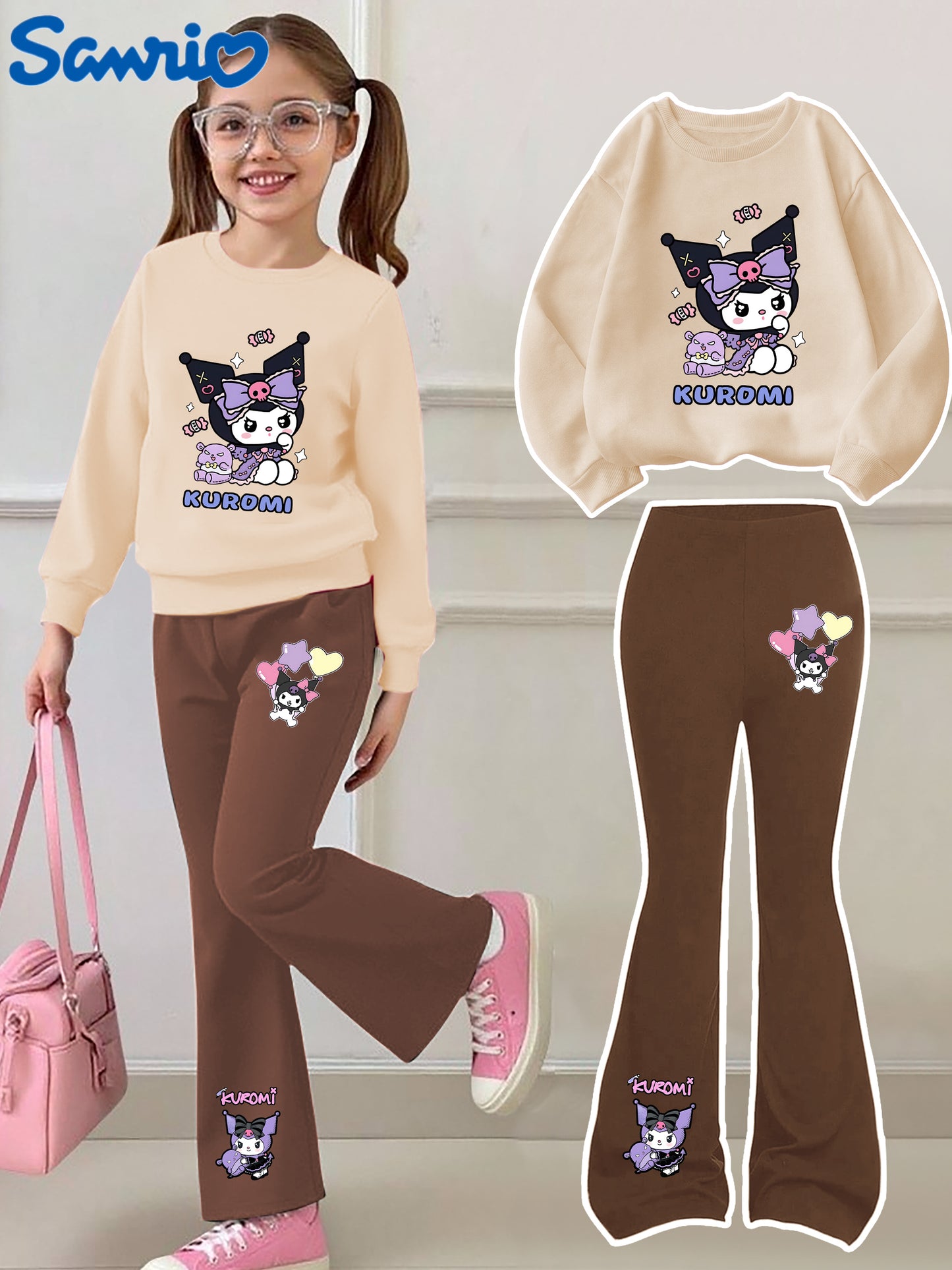 [Casual Sweatshirt] 2pcs Casual Kuromi Pattern Print Round Neck Long Sleeve Sweatshirt + Flared Pants Set | Girls' Fashion, Suitable for Outdoor Play and Leisure Wear, Perfect for Birthday Gifts