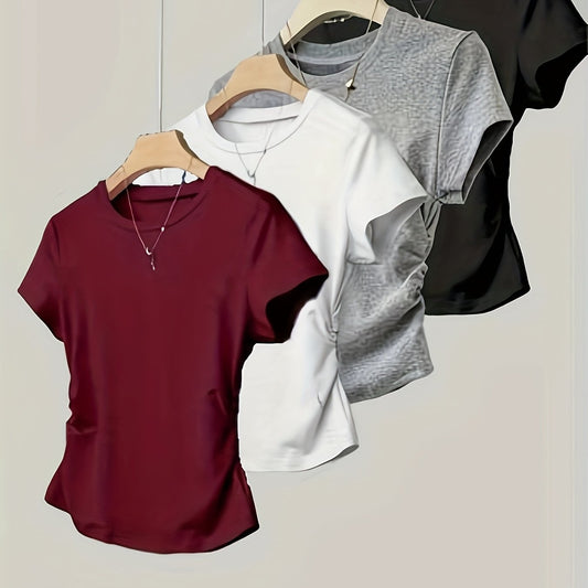 4pcs Round Neck Short Sleeve T-Shirt for Girls, Stylish Pleated Versatile Top